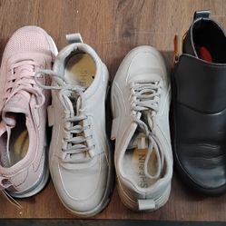  Pair Of Steel Toe Work Shoes Pink Size 8 The Other Two Are Size 7 One Tennis Shoes And The Others Rain Boots.