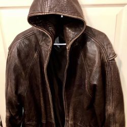 Tibor TIBCA Vintage Hoodie Leather-Heavy- Long Jacket-Genuine leather-Size Large-Like New-77064 zipcode