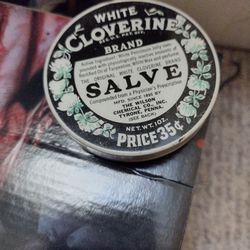 Vintage White Cloverine Brand Salve Tin