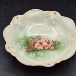 Antique Porcelain Vanity Bowl, Green With Spilled Basket Of Roses, 5.75"