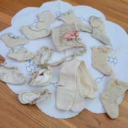 Collection of Antique/Vintage Baby or Doll Booties,  Socks, and Bonnet