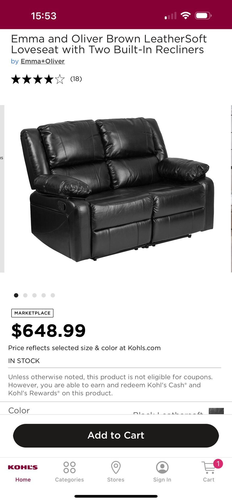 BRAND NEW IN BOX Black Leather Reclining Loveseat