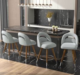 Set of 4 velvet light grey bar stools swivel with backs