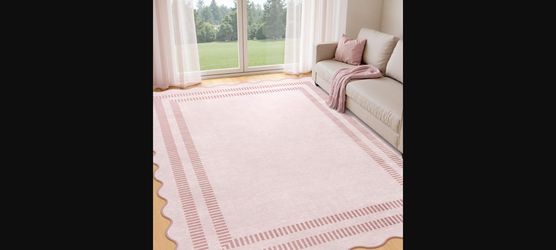 Pink 8x10 Machine Washable Non-Slip Low-Pile Area Rug - Scalloped Edge