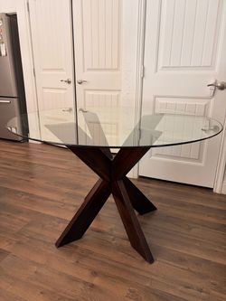 Round Glass Top Dining Table with X Wood Base