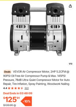 VEVOR 2HP Oil-Free Air Compressor Pump Motor