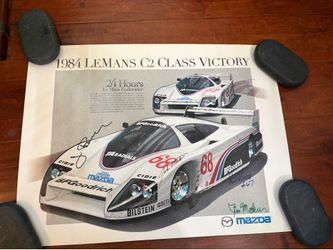 1984 Le Mans C2 Victory Mazda Poster Multi Signed John Morton Rick Knoop