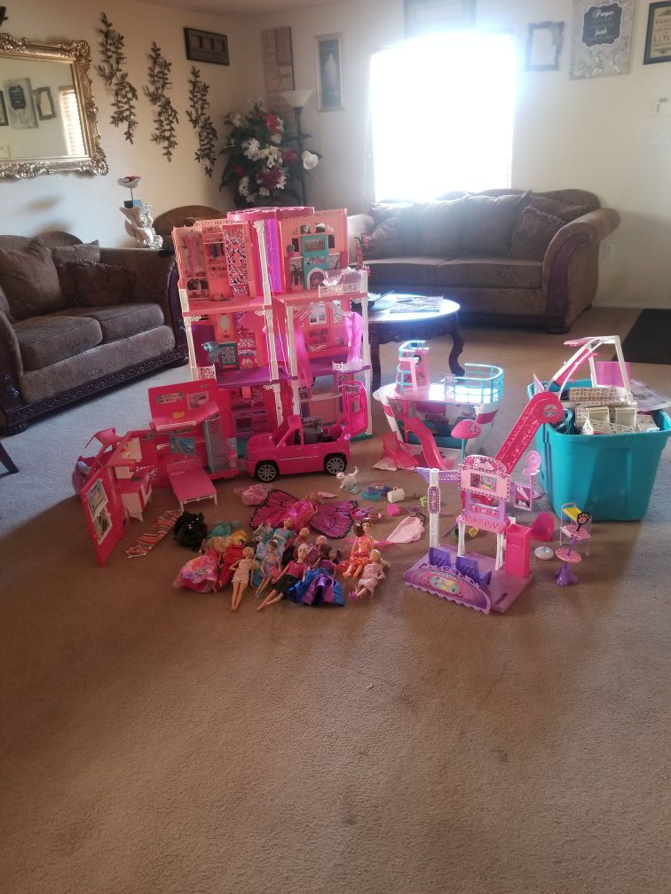 Barbie doll house, RV, Ship,Convertible car, Mall complete disassembled. 25 barbie's , clothes , furniture and accessories. 300.00 or best offer