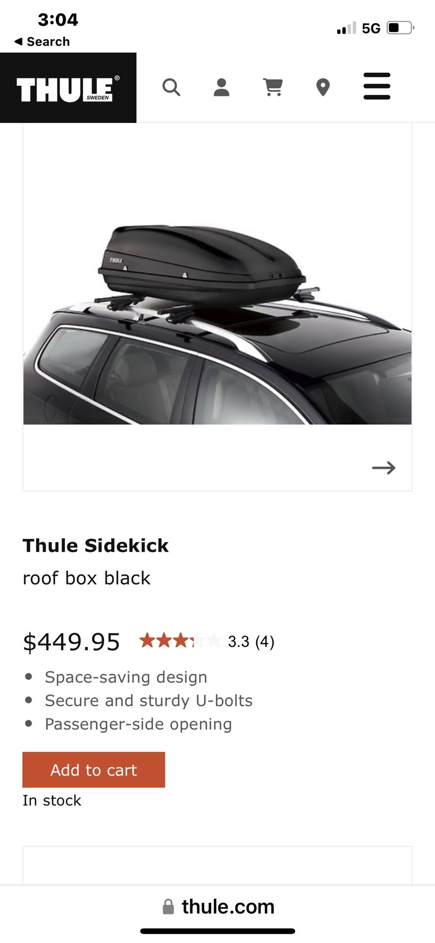 Thule Black Sidekick Roof Box Used 1x $300