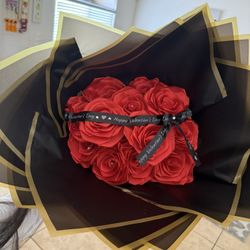 Red Ribbon Flower Bouquet, Ramo Rojo De Rosas Eternas