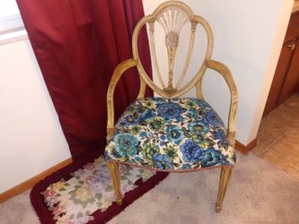 Wooden accent arm chair with blue floral design for sale