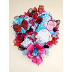 Handmade Valentine's Day Wreath Gnome Hearts Balloons Blue Pink Red Black Ribbon