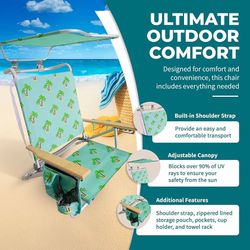 Bliss Hammocks Folding Beach Chair Recliner with Canopy Shade, Palm Tree