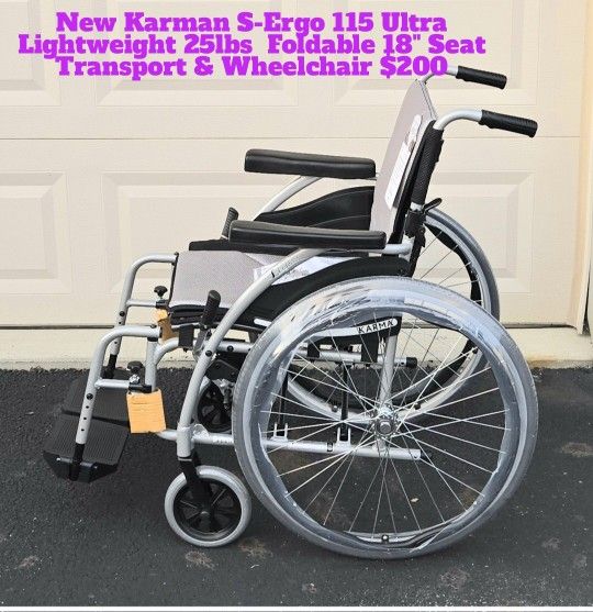 New Karman S-Ergo 115 Ultra Lightweight 25lbs Foldable 18" Padded Seat Wheelchair