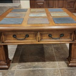Beautiful Wood Coffee Table And 2 Matching End Tables With Slate Inserts