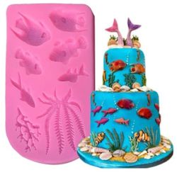 Marine Theme Fondant Cake Mold, Airlxf Fish Sea Coral Cupcake Chocolate Mould for Under The Sea Cake Decoration Candy Chocolate Polymer Clay Sugar Cra