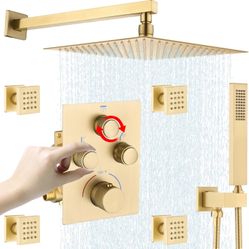 Thermostatic Shower System, 12 Inch Rain Shower Head with Handheld Spray and 4 Body Jets, Push Button Thermostatic Shower Valve, All functions can be 