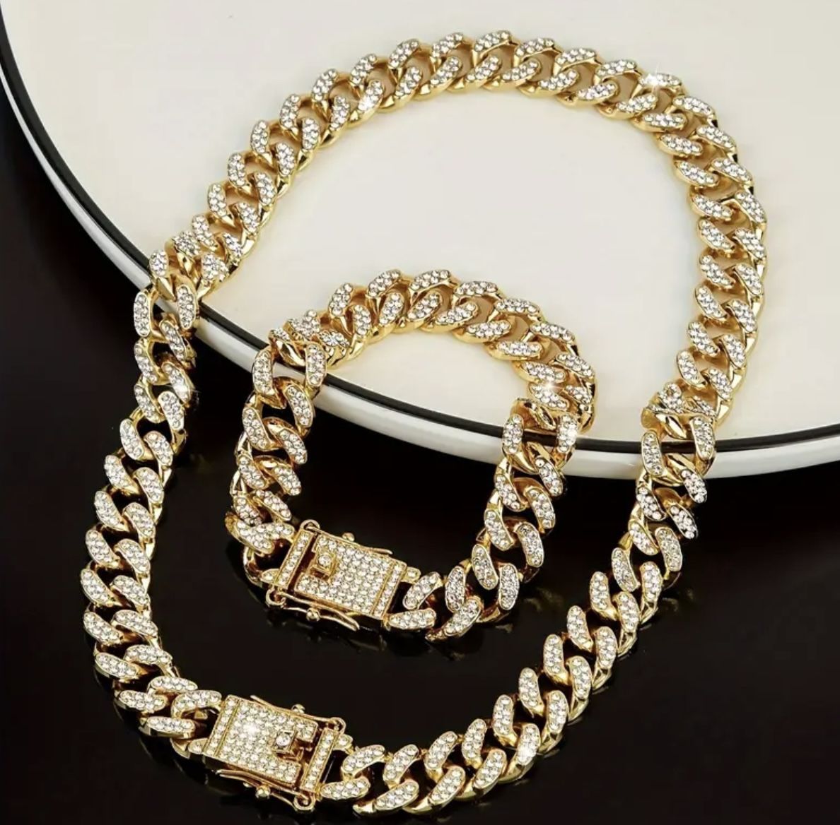 New 18k Yellow Gold Filled Cuban Link Chain And Bracelet 