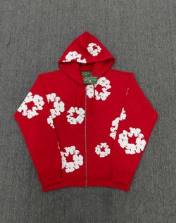 Red and white zip up denim tears