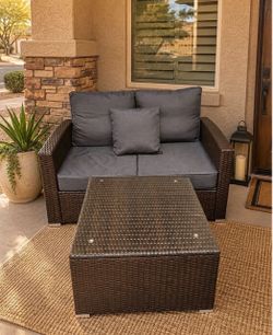 Rattan Love Seat With Coffee Table W/Steel Frame *New In Box Patio Furniture*
