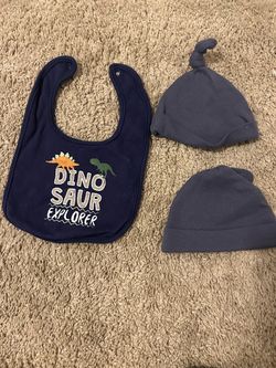 Target Navy Dino Explorer Bib with Two Navy/gray Baby Hats is new born -bib one