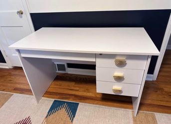 White Desk with Easy Glide Locking Drawers and Custom Hardware