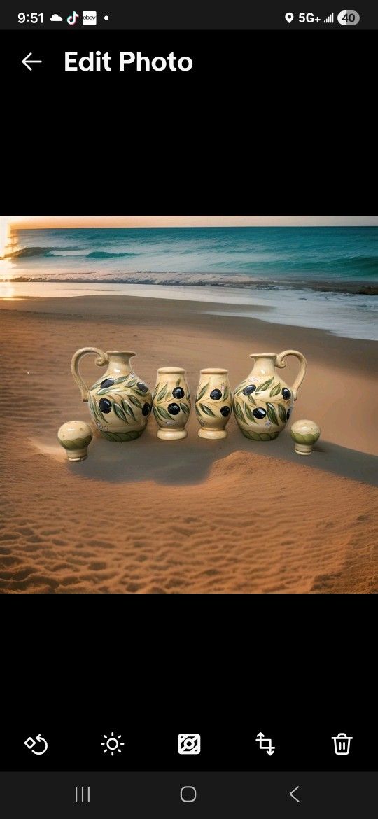 Provincial Olives Hand Painted Cruet Set – Oil Vinegar Bottles, Salt Pepper Shakers & Ceramic Caddy