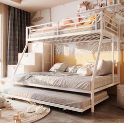 White Metal Loft Bed with 2 Secured Ladders, Bunk Bed Twin Over Full with Trundle