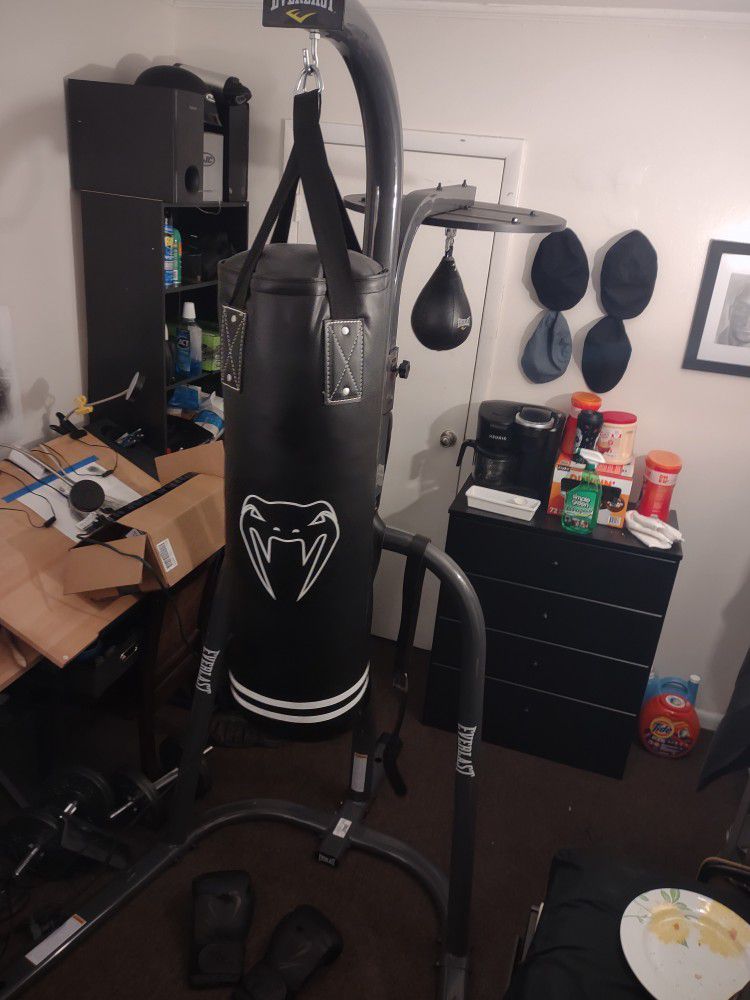Everlast Dual-Station Heavy Bag Stand, With Bags And Gloves.