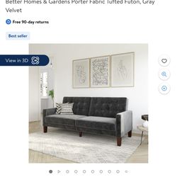 Better Homes & Gardens Porter Fabric Tufted Futon, Gray Velvet