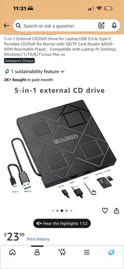 5-in-1 External CD/DVD Drive for Laptop,USB 3.0 & Type-C Portable CD/DvD Rw Burner with SD/TF Card Reader &DVD-ROM Rewritable Player，Compatible with L