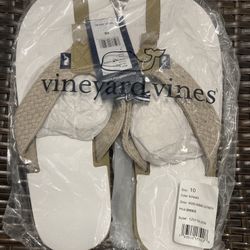 VINEYARD VINES Washed Webbing Leather Flip Flops KHAKI Men’s Size 10