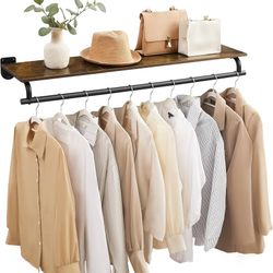 New SONGMICS Wall Mounted Clothing Rack with Top Shelf and Hanging Rod, Rustic Brown and Black