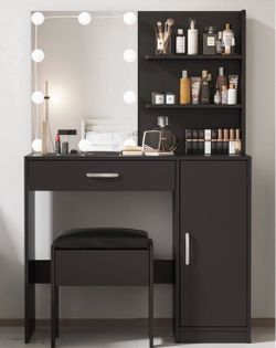 New assembled Black Vanity Desk with Lighted Mirror and Stool