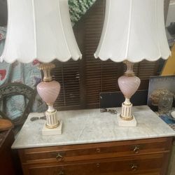 Antique Pair Of Mid Century Modern Pink Murano Glass Pair Of Lamps With Original Shades Excellent Condition 