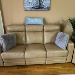 Two Piece Reclining Sofa Set. Genuine Leather In Beige Color.