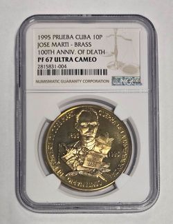 1995 Proof 10 Pesos Jose Marti Brass Coin NGC PF67 Ultra Cameo