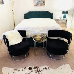 Glam Accent Chair Set w/ Mirrored Side Table – 2 Black Chairs