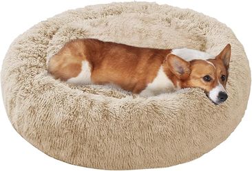 30" Round Dog Bed, Calming Anti-Anxiety Dog Bed, Fluffy Donut Cushion for Medium Pets
