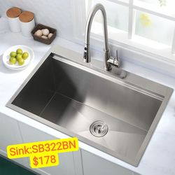 33 Inch Topmount Kitchen Sink Stainless Steel 16 Gauge R10 Tight Radius Single Bowl Sink Ledge Workstation Sink, SB322BN