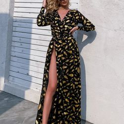 Split Thigh Gold Feather Print Dress