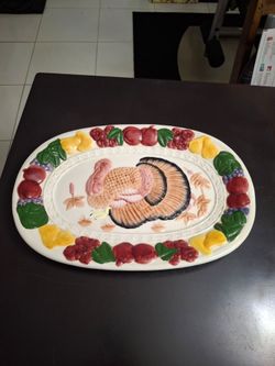 Hand-painted Heavy Ceramic Turkey Platter With Holiday Raised Pattern - Large 18.5"x12.5" Weighing 4.5LBS Excellent Condition