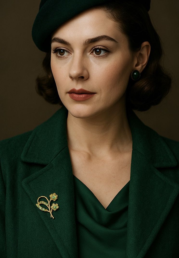 Vintage 1950s Golden Green Rhinestone Floral Brooch, 1.5x1.5”