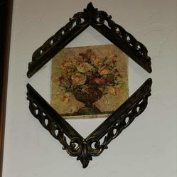 VINTAGE ORNATE HAND PAINTED FLORAL FLOWER ROSE BOUQUET POTTERY TILE PICTURE ART WALL PLAQUE X2 SYROCO HOMCO MCM ORNATE DECOR