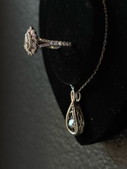 White Gold Halo Ring and Pendant Necklace Set