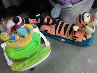 Tigger rocker, stationary baby seat, glow worm, worm that connects to car seat and plays music