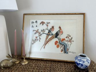 • Vintage Chinese Silk Embroidery Framed Wall Art Birds & Flowers • Chinoiserie