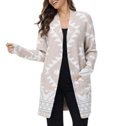 NWT Frye Ladies' Patterned Cardigan Sweater Oatmeal Combo M
