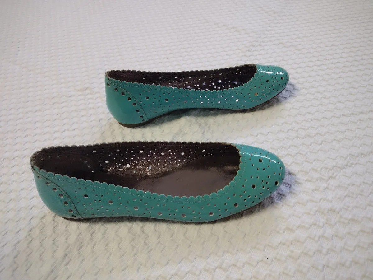 Boden Teal Patent Leather Lattice Cut Out Flats Womens Size 39 Made In India