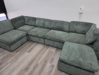 6-Piece Modular Corduroy Sectional Sofa – Deep Seat Green Lounge Couch w/ Ottoman